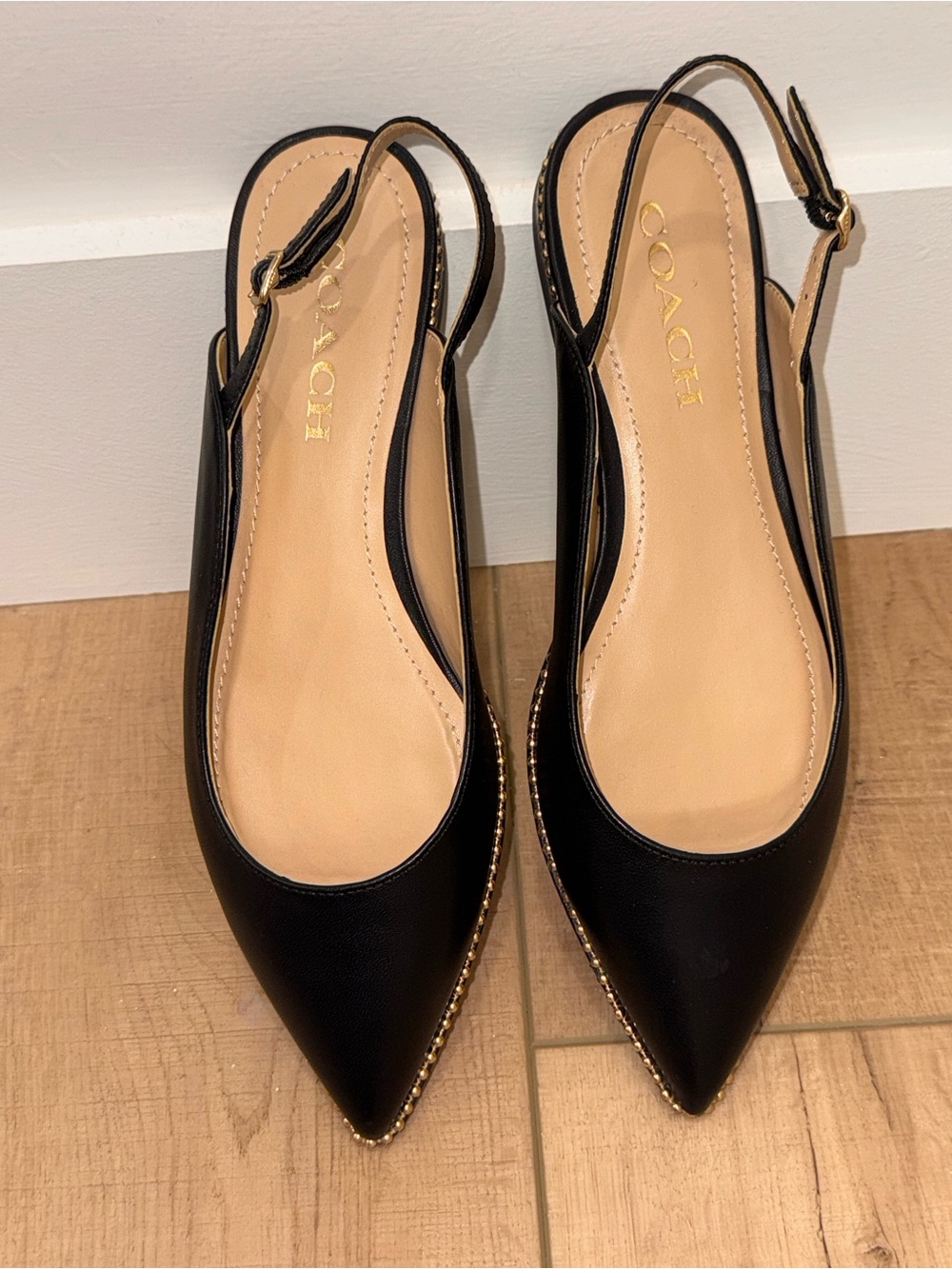 Coach Vae Black Leather Gold Bead Pointed Toe Slingback Flats Size 7